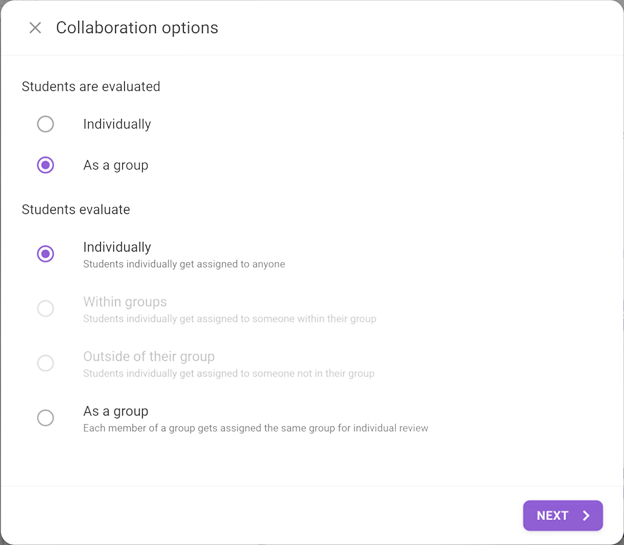  Collaboration Options window, showing settings for how students are evaluated (individually or as a group) and how they evaluate others. The 'Next' button is visible for syncing with group in Canvas."