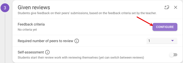 Given reviews section in Feedbackfruits assignment setting, with an arrow pointing to the 'CONFIGURE' button next to the Feedback Criteria.