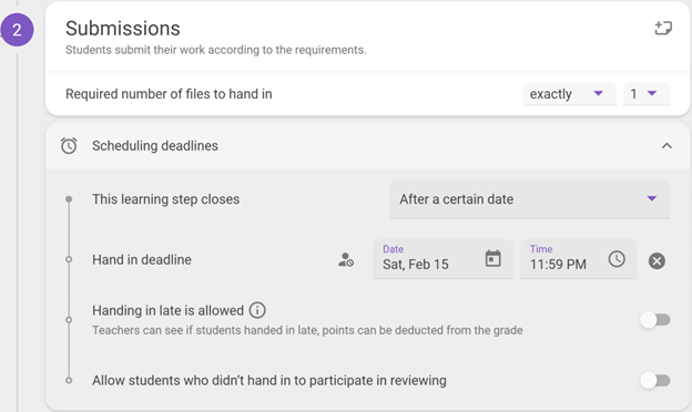 Submissions settings panel in FeedbackFruits assignment showing deadline configuration options under Scheduling deadlines, including hand-in deadline with date/time picker, late submission toggle, and review participation settings