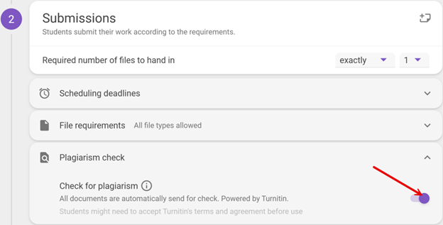 Submissions settings section in FeedbackFruits assignment showing options for deadlines, file requirements, and a plagiarism check toggle, which is highlighted by a red arrow.